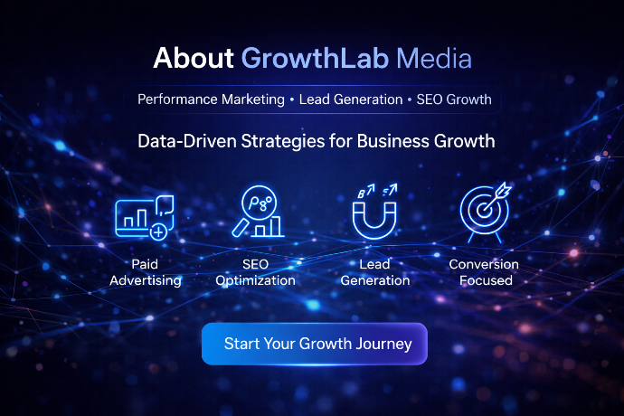 This image presents a premium, futuristic digital marketing theme. The background features a dark, tech-inspired gradient with subtle glowing elements that create a high-end agency feel. At the center, the GrowthLab Media branding stands out prominently, supported by sleek graphical accents that suggest analytics, growth, and performance.